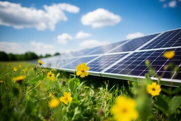 Wall Mural - Large solar panel field with yellow wildflowers in the foreground