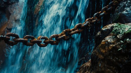 Rusted metal chain over mossy rock with cascading waterfall in the background