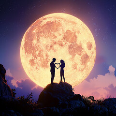 Wall Mural - 3d rendered photos of Silhouette of two lovers posing cutely against the background of a huge moon made with generative AI