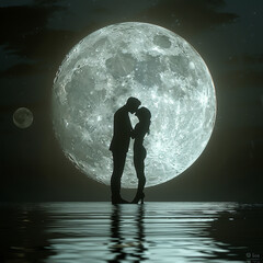 Wall Mural - 3d rendered photos of Silhouette of two lovers posing cutely against the background of a huge moon made with generative AI