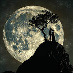 Wall Mural - 3d rendered photos of Silhouette of two lovers posing cutely against the background of a huge moon made with generative AI