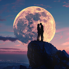Wall Mural - 3d rendered photos of Silhouette of two lovers posing cutely against the background of a huge moon made with generative AI