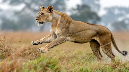 Side view of a graceful wild lioness running on dry grassy meadow on a sunny day in the savanna. Bright colors.