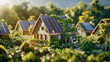 Toy house with solar panels on roof , eco home clean electricity production.