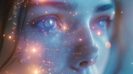 Fototapete - A womans eye reflects futuristic digital graphics.