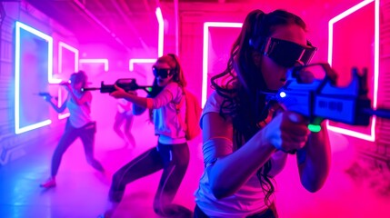 Wall Mural - Thrilling Laser Tag Game in Neon Arena, Players with Rifles in Action. Exciting Indoor Entertainment. Futuristic Sport in Glowing Lights. Team Play, Fun Activity for Friends. AI