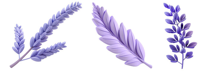 PNG lavender leaf 3d icons and objects collection, in cartoon style minimal on transparent, white background, isolate