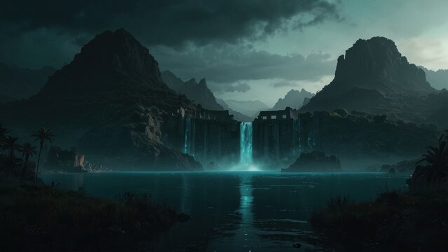 Game concept: dark waterfall in the mountains