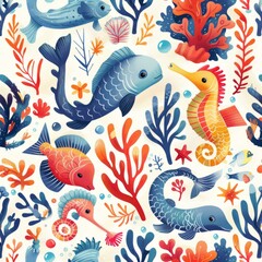 Wall Mural - Underwater World Illustration with Tropical Fish and Plants