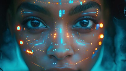Poster - Close-up of black womans face with illuminated biometric data points.