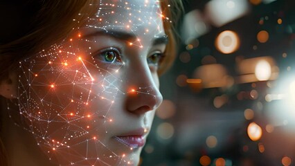 Poster - Woman undergoing facial recognition scanning with digital mesh.