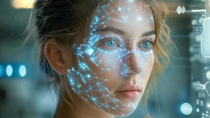 Leinwandbilder - Close-up of a woman with digital biometric grid mapping her facial features.