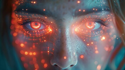 Leinwandbilder - Close-up of a womans face with glowing electronic circuits overlaying her skin.