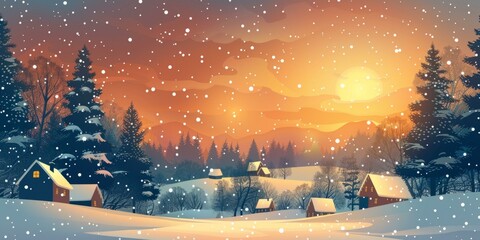 Canvas Print - Snowy mountain village landscape with cozy houses and snow covered trees at sunset