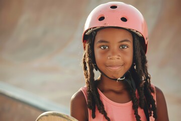 A young girl with a pink helmet is holding a skateboard