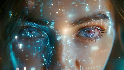 Poster - Womans eye overlaid with futuristic digital patterns representing AI.