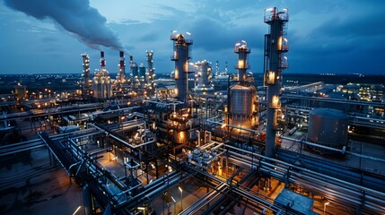 Wall Mural - Oil refinery at night with bright lights and smoke