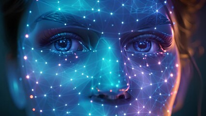 Leinwandbilder - Close-up of a womans face illuminated by biometric scanning lines.