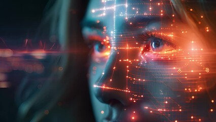 Poster - A womans visage merges with digital graphs and circuitry, symbolizing AI integration.