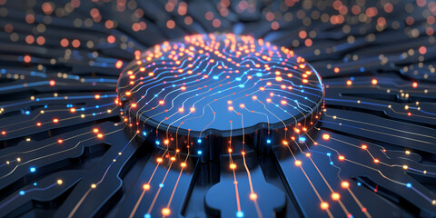 Wall Mural - neural circuit and electronic cyber brain in a quantum computing system, concept of artificial intel