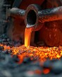 A detailed view of molten metal being poured into a forge, capturing the initial stage of the metal shaping process