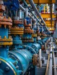 A detailed view of pipelines and valves at a petrochemical plant, showcasing the intricate network managing fluid flow