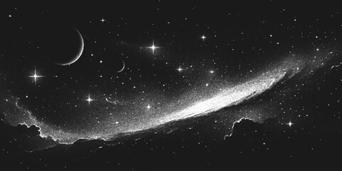 Aufkleber - Deep space scene background in stippling style with spiral galaxy, glowing nebula and stars. Retro styled dotwork. Pointillism. Panorama. Noisy grainy shading using dots. Vector illustration