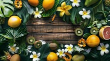 Vibrant Tropical Fruits And Flowers Display With Lush Green Leaves On A Wooden Background.