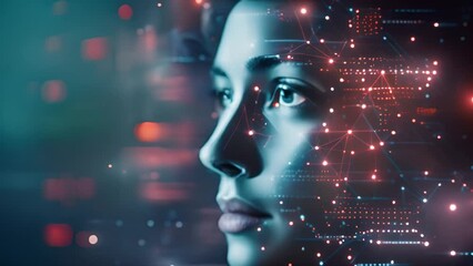 Leinwandbilder - Womans face overlaid with glowing digital circuitry graphics.