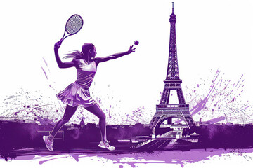 Wall Mural - Purple watercolor painting of tennis woman player by eiffel tower