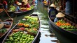 A bustling floating market in Thailand with boats full of fresh produce