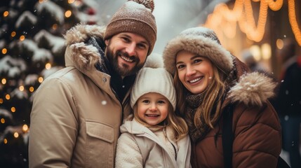 Wall Mural - Family in winter clothes posing for a photo in front of a decorated Christmas tree