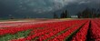 Spring storm clouds above rows of colorful tulips in farm field creating a colorful panoramic agricultural scene