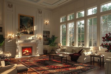 Wall Mural - European style living room with fireplace and large windows