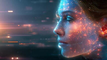 Leinwandbilder - Side profile of a womans face overlaid with glowing digital networks.