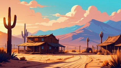 Wall Mural - Old town in the desert valley, game art