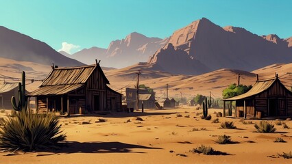 Wall Mural - Old town in the desert valley, game art