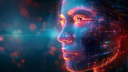 Poster - A glowing digital representation of a human face symbolizing AI advancements.