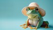 A green frog wearing a straw hat