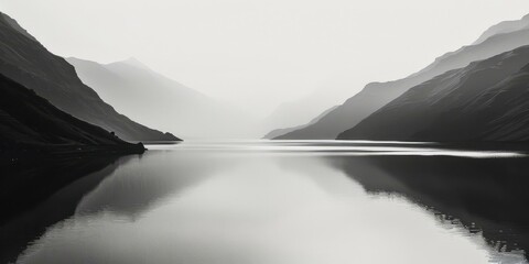 Wall Mural - Black and white landscape of a lake in the mountains