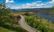Looking west from Rowena Crest at the historic Columbia highway and the Columbia River, Old historic Columbia River highway at Rowena Crest, Oregon