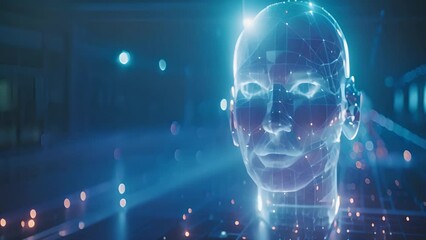 Aufkleber - A holographic face display suspended in a neon-lit corridor representing advanced technology.