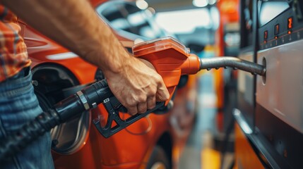 Closeup of a man pumping gasoline fuel into his car at a gas station on a sunny day