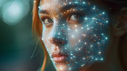 Leinwandbilder - A female face illuminated by digital facial recognition mapping.