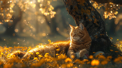 A serene scene of a cat lounging on a football under a shady tree, while a dog rests nearby, enjoying the peaceful atmosphere.