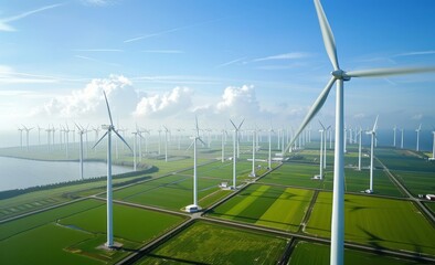 Canvas Print - Aerial view of wind turbines along the Dutch waterfront. The generator is filmed in the style of impressionist painters, with green grass and a blue sky