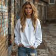 © Suralai - a female model wearing white plain sweatshirt and blue jeans , walking on the street,generative ai