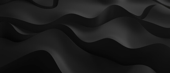 Poster - Abstract texture dark black gray grey background banner panorama long with 3d geometric waving waves curves gradient shapes for website, business, print design template paper pattern illustration..