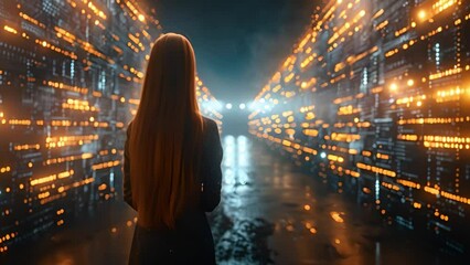 Fototapete - A woman is standing in front of a wall filled with data, displaying charts, graphs, and numbers.