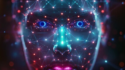 Leinwandbilder - Blue neon lines trace the contours of a human-like facial structure.